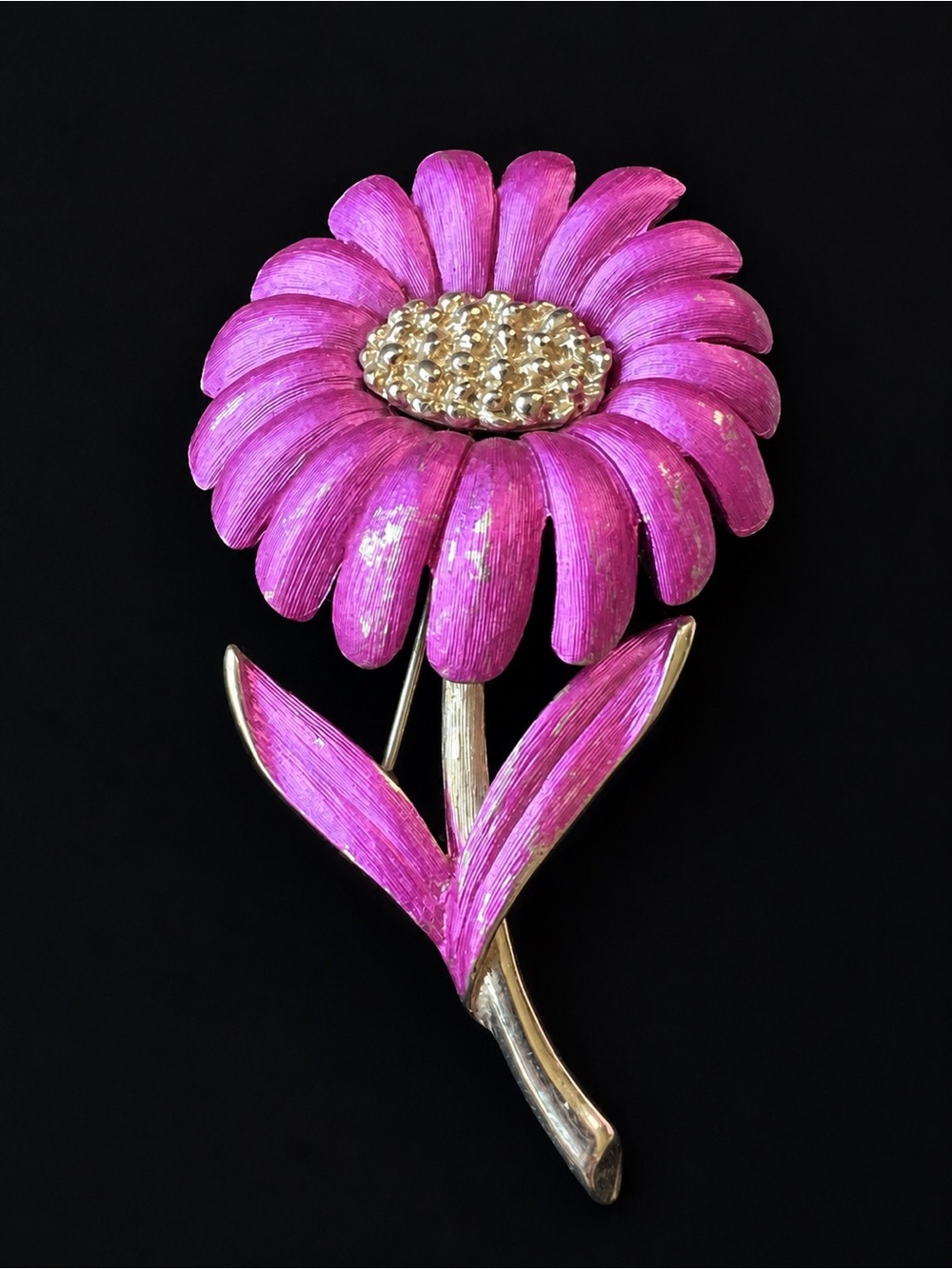 Vintage Signed Pastelli Fuchsia Enamel Daisy Flower Brooch 1960s 2.5”